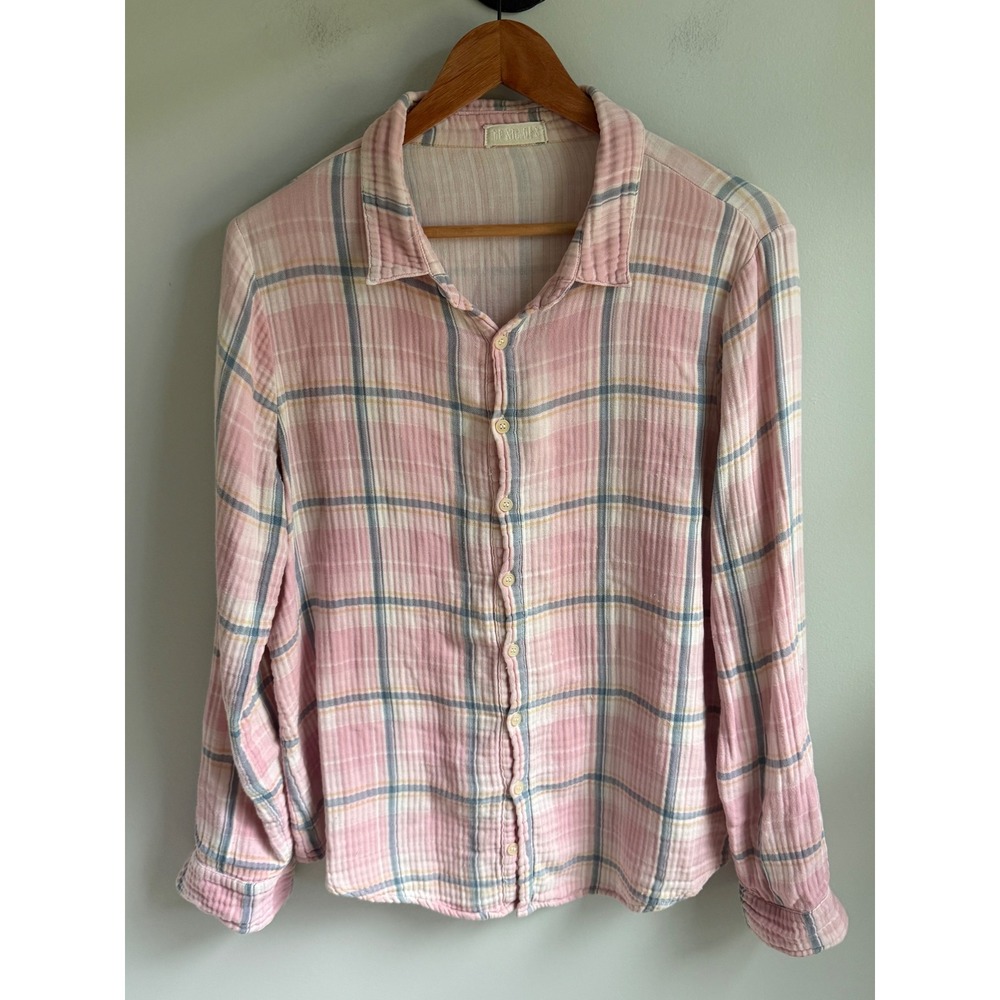 CP Shades Pink Blue Plaid Double Gauze Button Down Shirt Women M Long Sleeve
